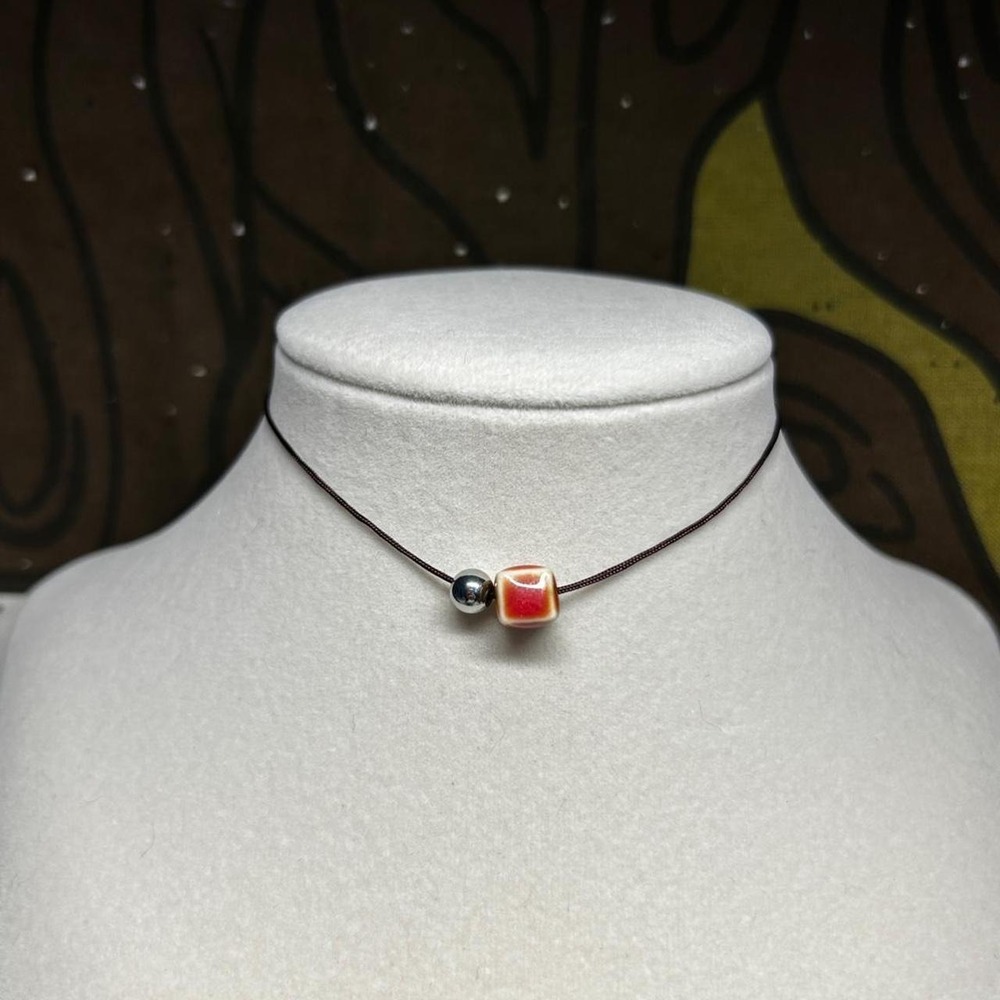 Handmade Terracotta Stone & Ceramic Choker Silver Stainless Adjustable Cord Boho